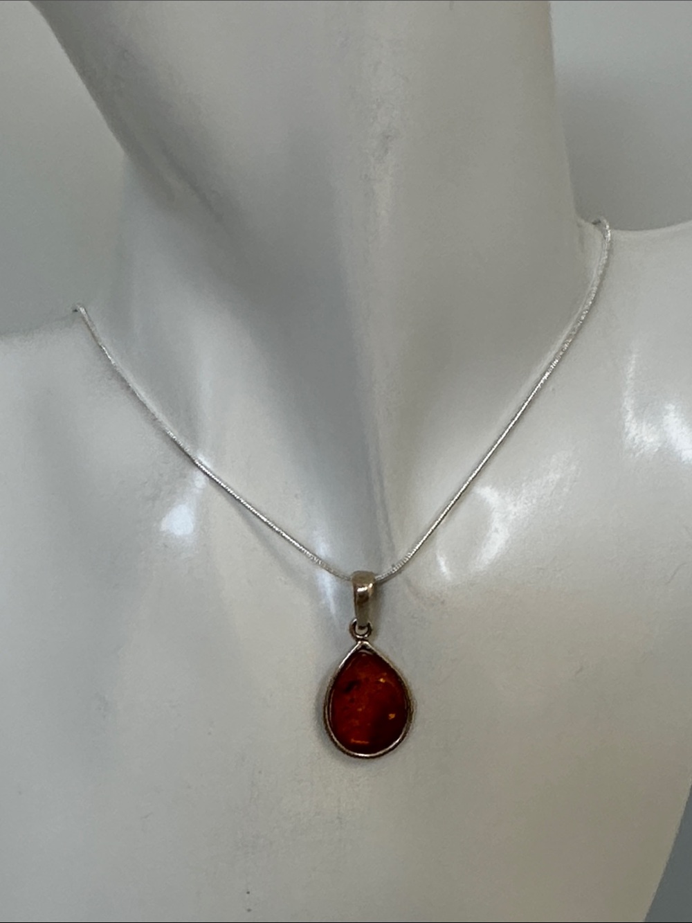Elegant 925 Sterling Silver Teardrop Amber Necklace - Warm Orange Amber - Picture 2 of 6